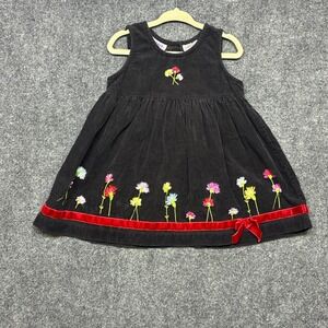 Vintage Blueberi Boulevard Black Corduroy Embroidered Floral Dress 24M Holiday